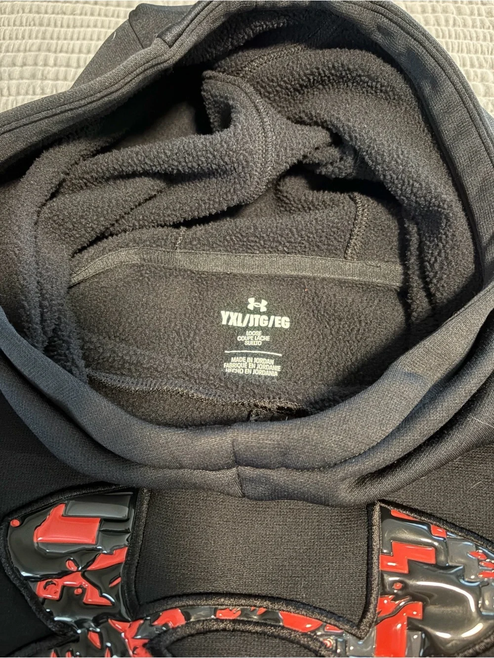 Under Armour Black Hoodie with Red Camo Logo and Blue/White Athletic Hoodie